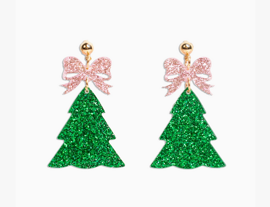 Bow Tree Earrings Green/Pink