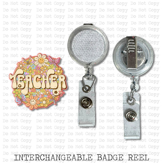 Teacher Retro Floral Interchangeable Badge Button with Reel Option