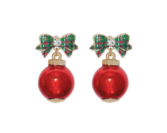 Plaid Bow and Ball Ornament Earrings