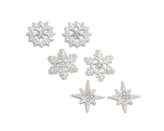 Silver Snowflake Trio Stud Earrings