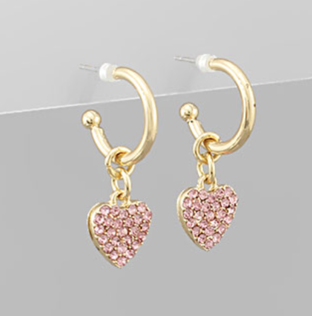 Pave Heart Hoops- Pink