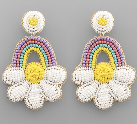 Beaded Rainbow Flower Earrings