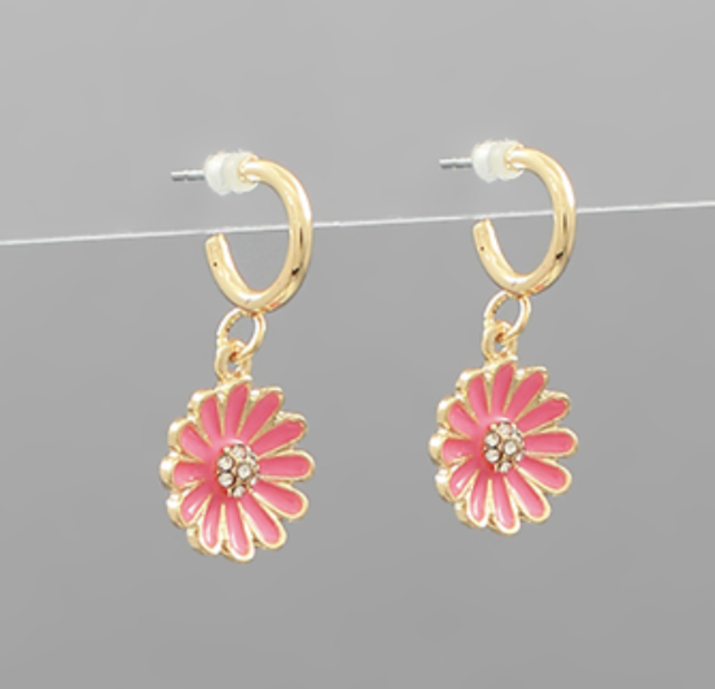 Color Flower Dangle Hoops- Pink