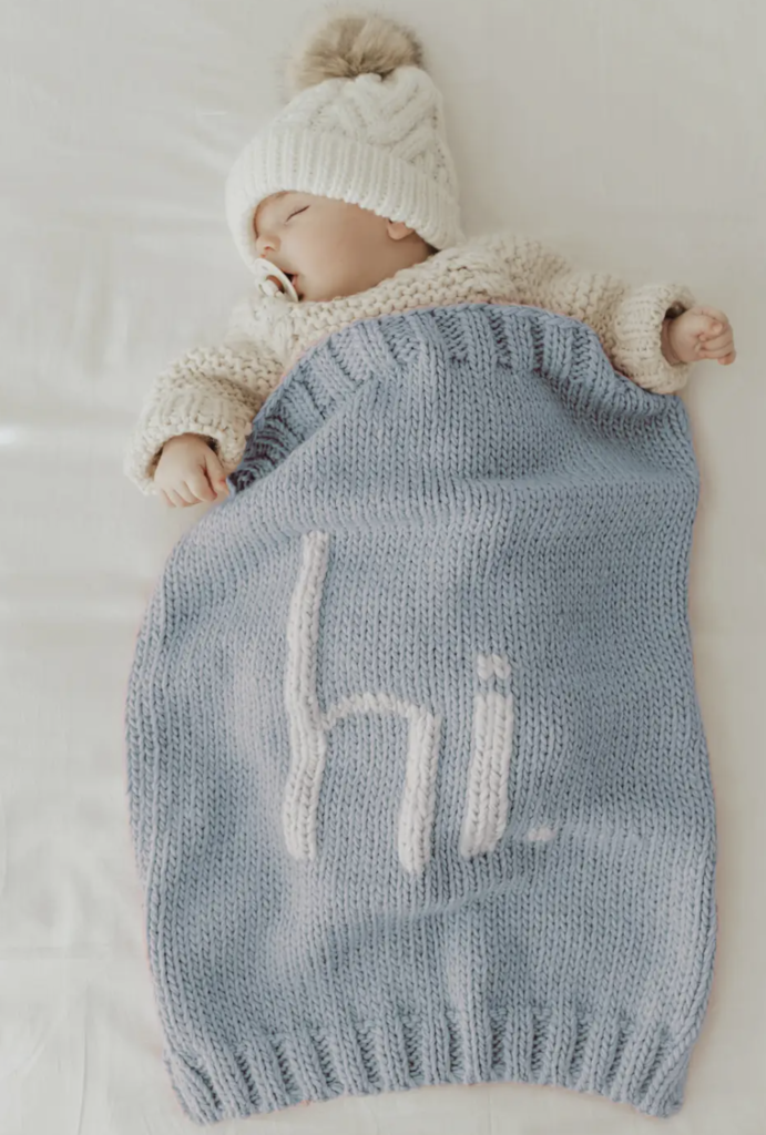 "hi" Hand Knit Blanket- Surf Blue