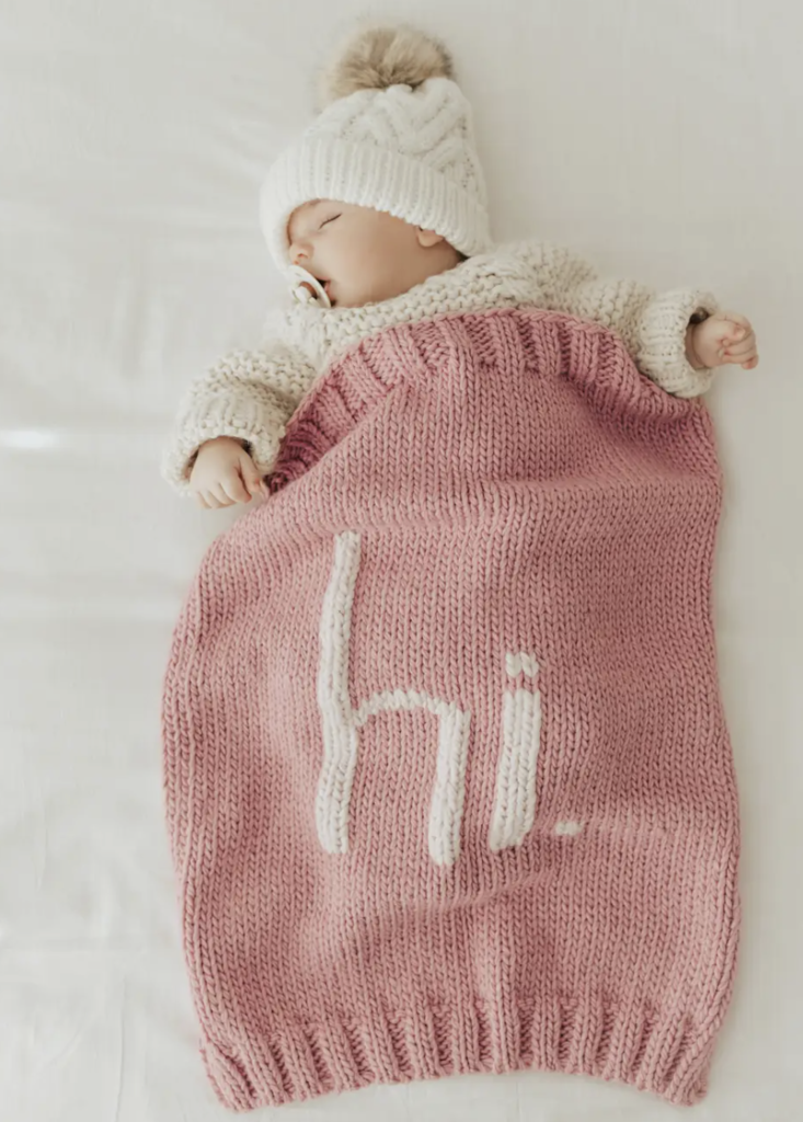 "hi" Hand Knit Blanket- Rosy Pink