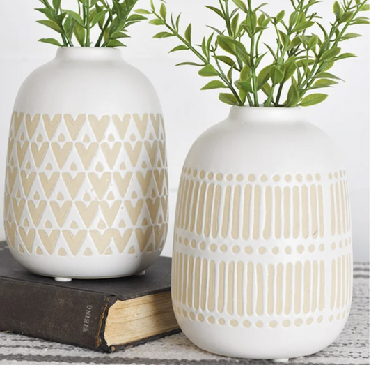 Matte White Boho Vase- Stripes