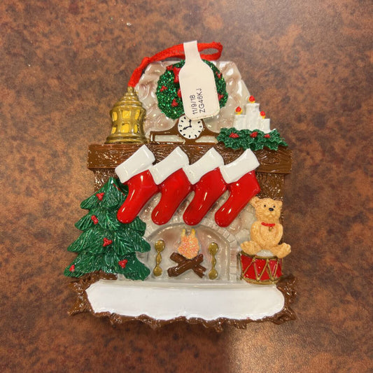 Holiday Ornament- Fireplace with 4 Stockings