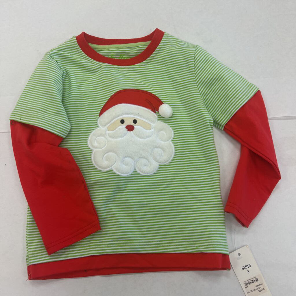 Santa Green Striped Long Sleeve Shirt- 3t