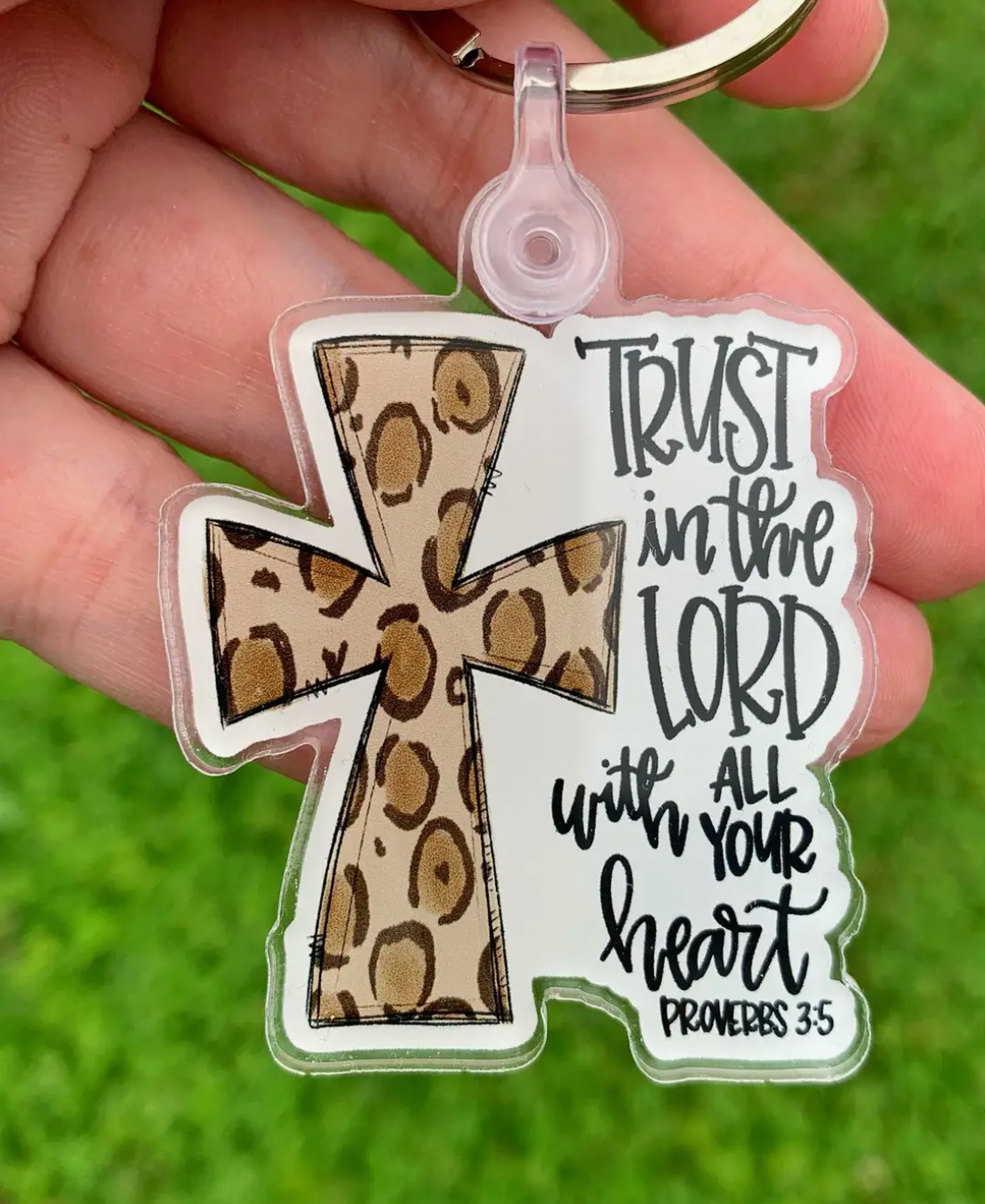 Trust In The Lord Leopard Cross Christian Acrylic Keychain