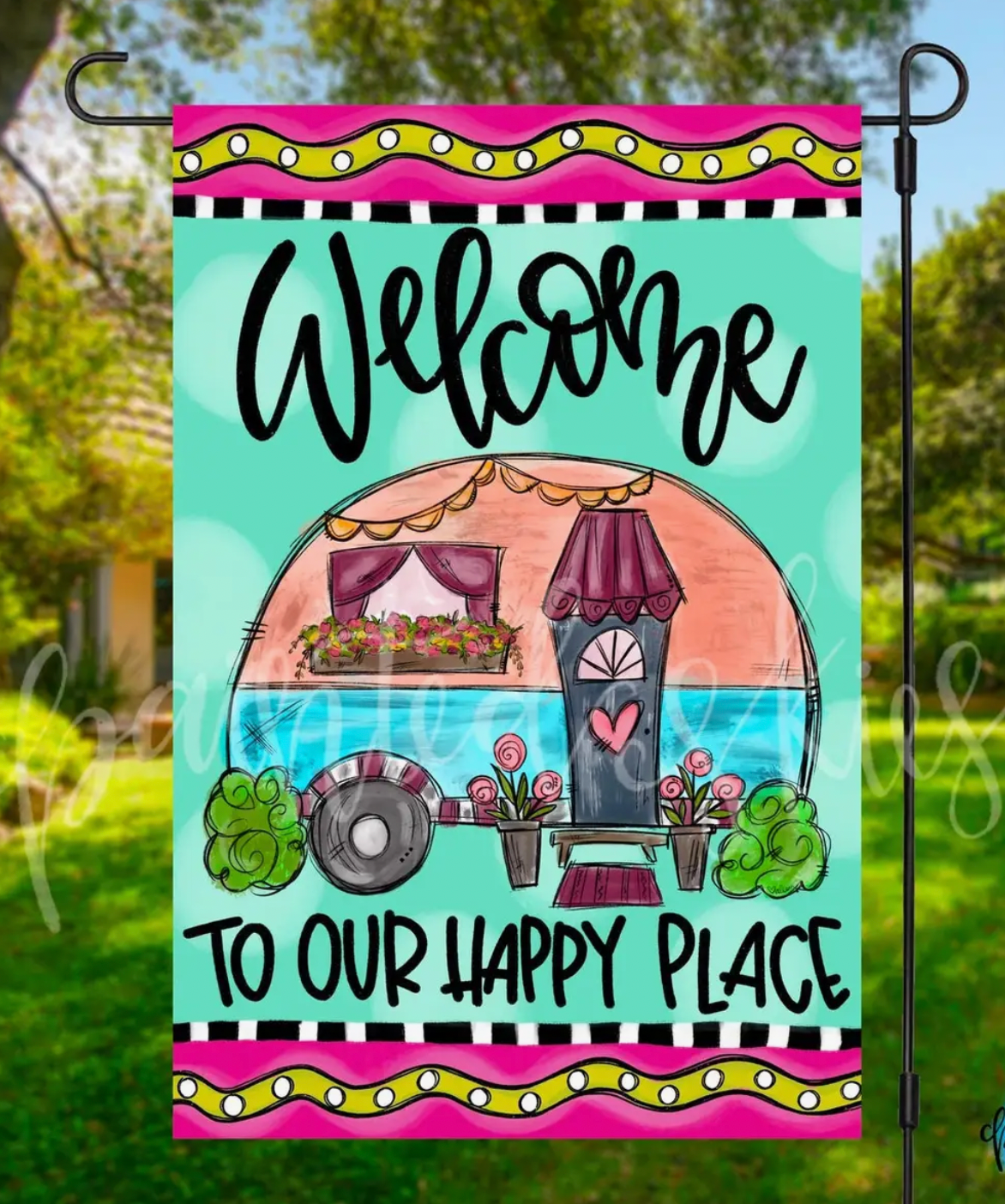 Welcome To Our Happy Place Camping Double Sided Garden Flag