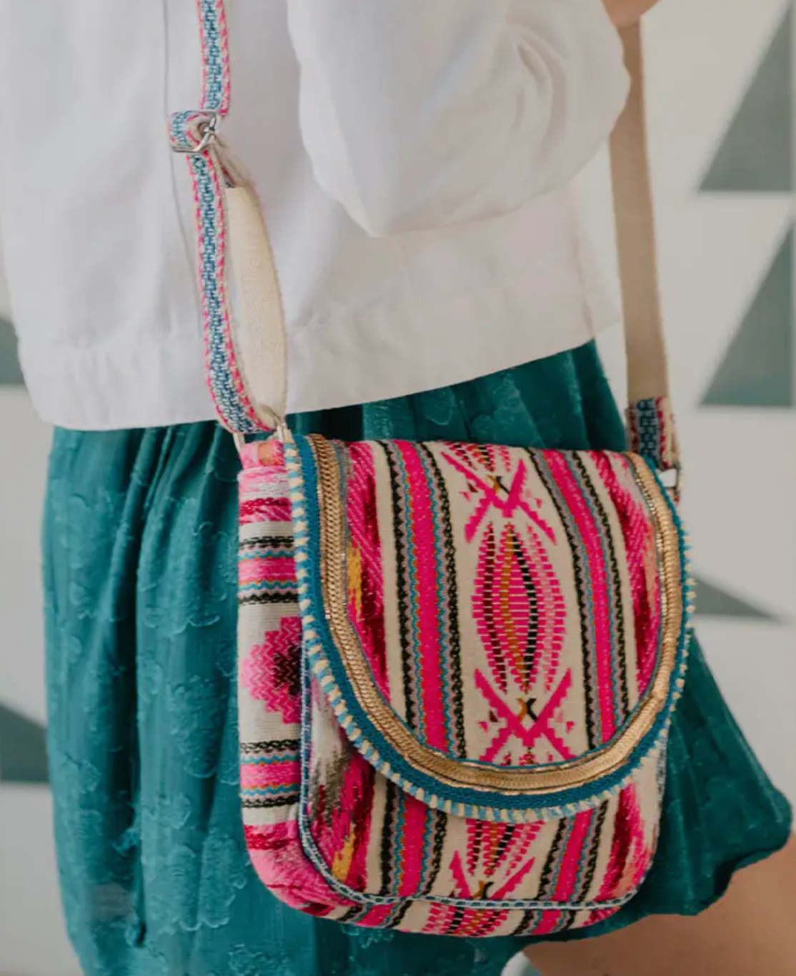 Boho Cotton Acrylic Crossbody Bag With Colorful Strap