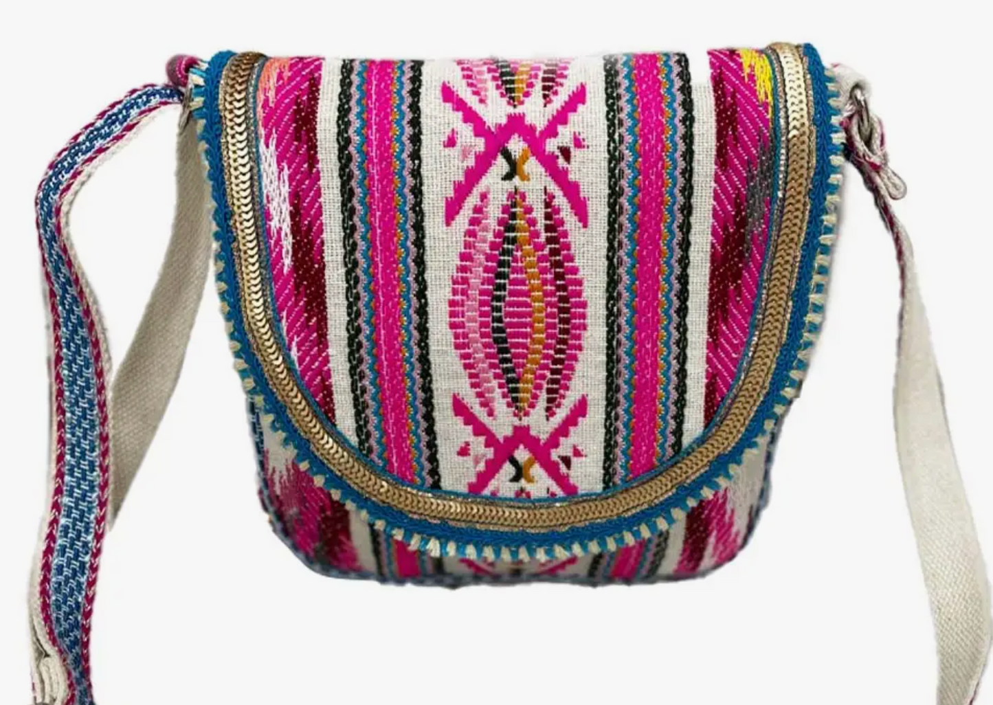 Boho Cotton Acrylic Crossbody Bag With Colorful Strap