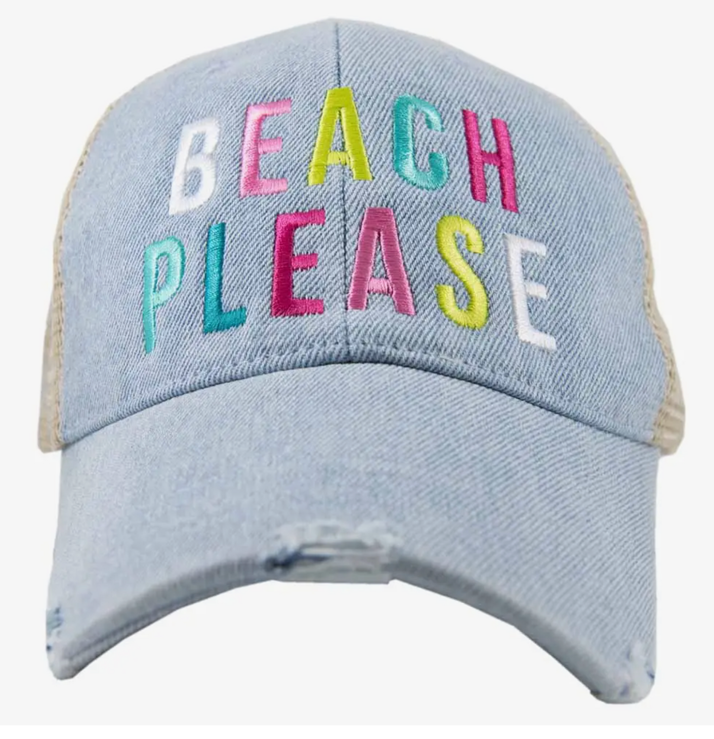 "Beach Please" Multicolored Denim Trucker Hat